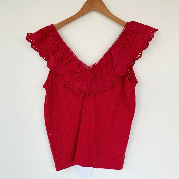 LOFT Eyelet V-Neck Tank Top with Ruffle V-Neck Vivid Red M Medium - Picture 5 of 7